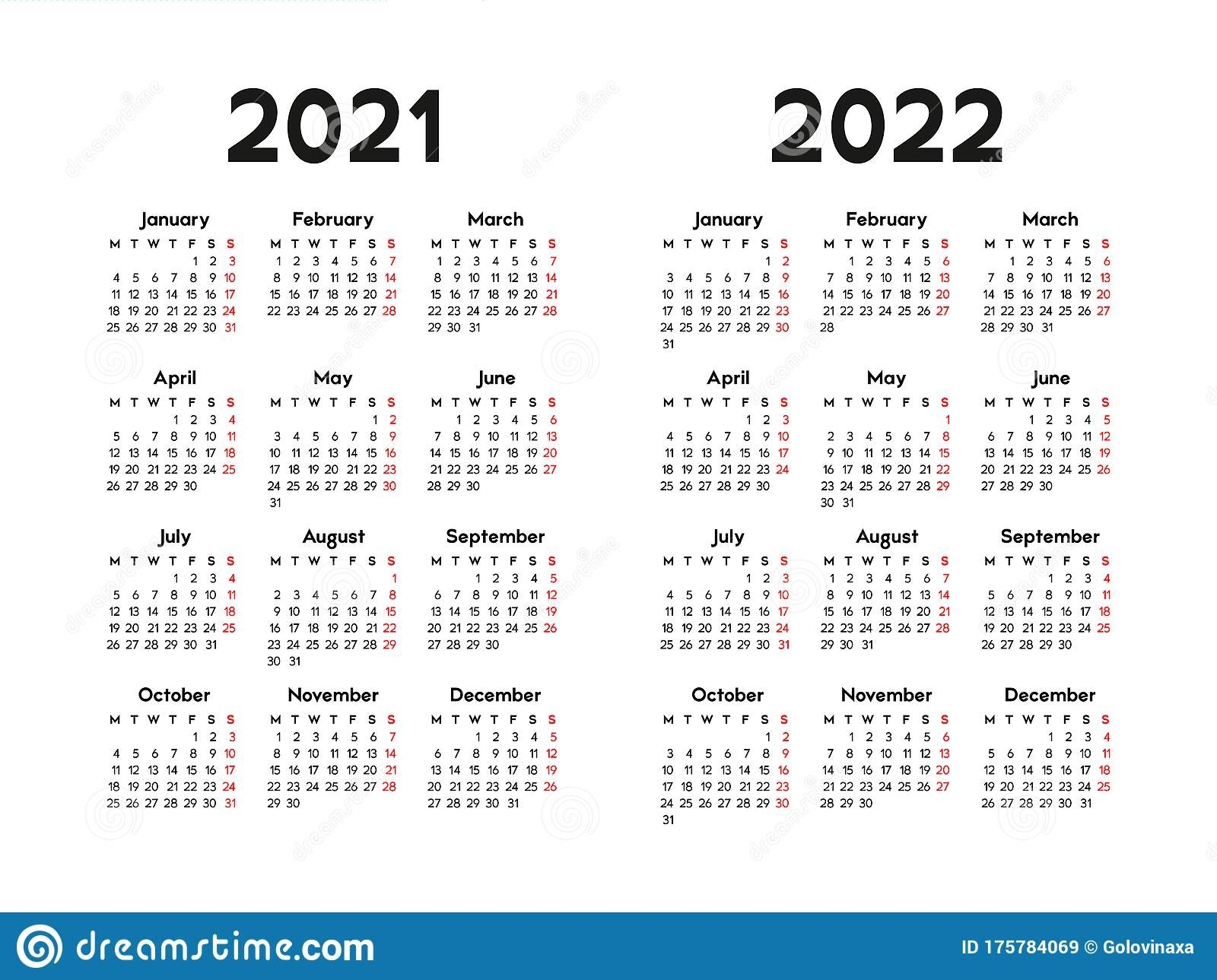 Calendar 2021 And 2022, Week Starts On Monday, Basic
