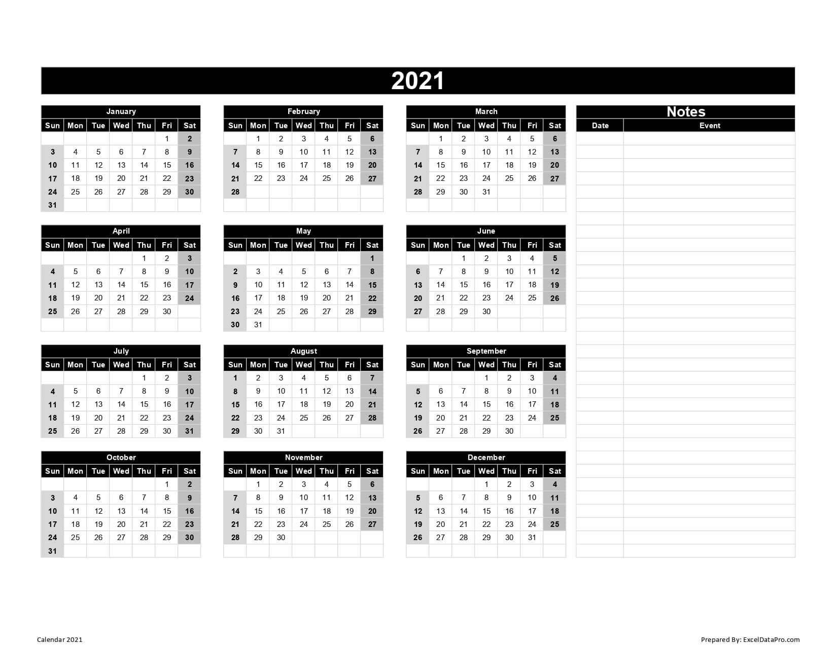 Calendar 2021 Excel Templates, Printable Pdfs &amp; Images