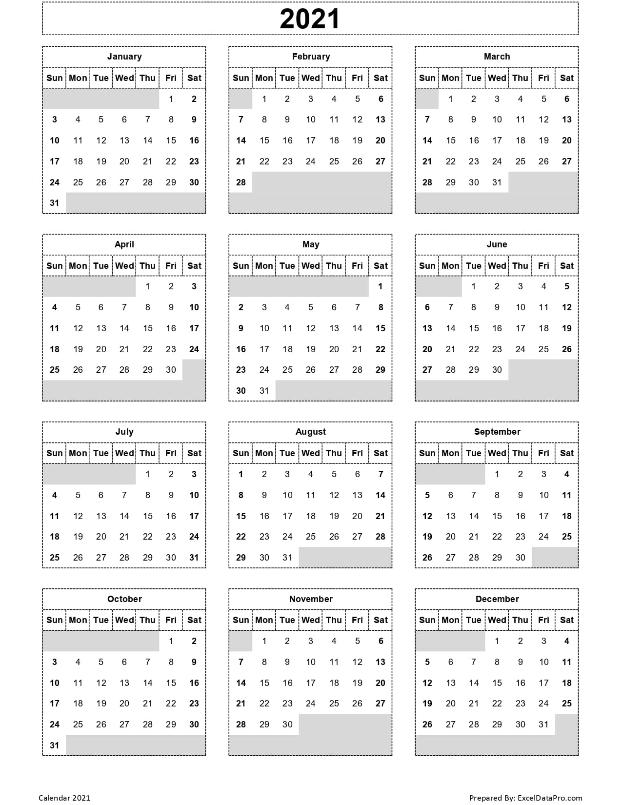 Calendar 2021 Excel Templates, Printable Pdfs &amp; Images