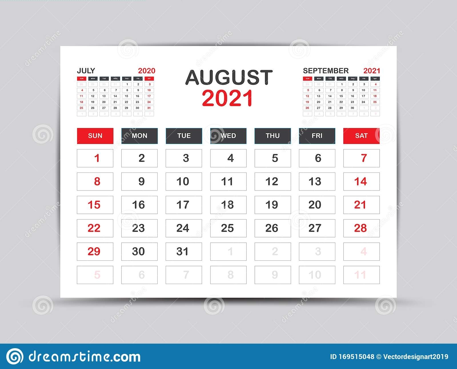 Calendar 2021 Template. August Page Vector For Calendar