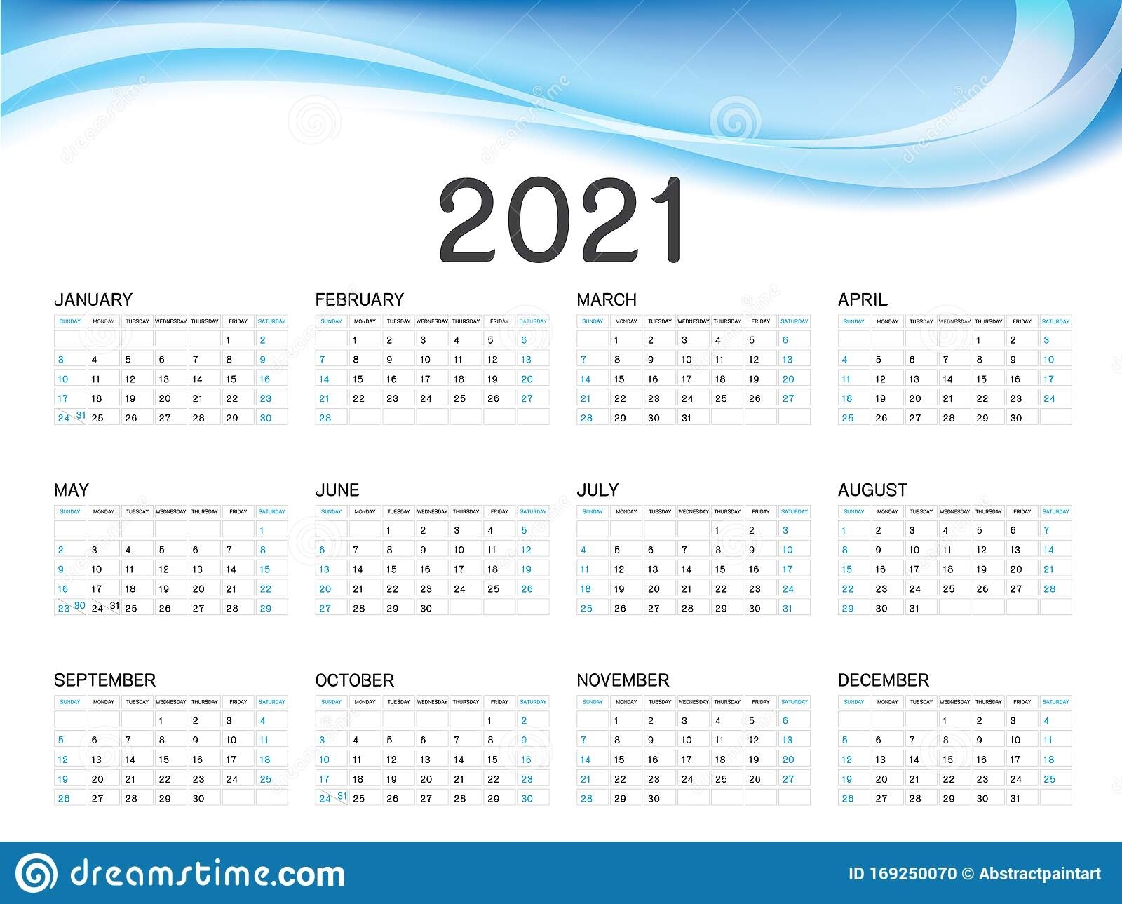 Calendar 2021 Vector Template, Simple Minimal Design