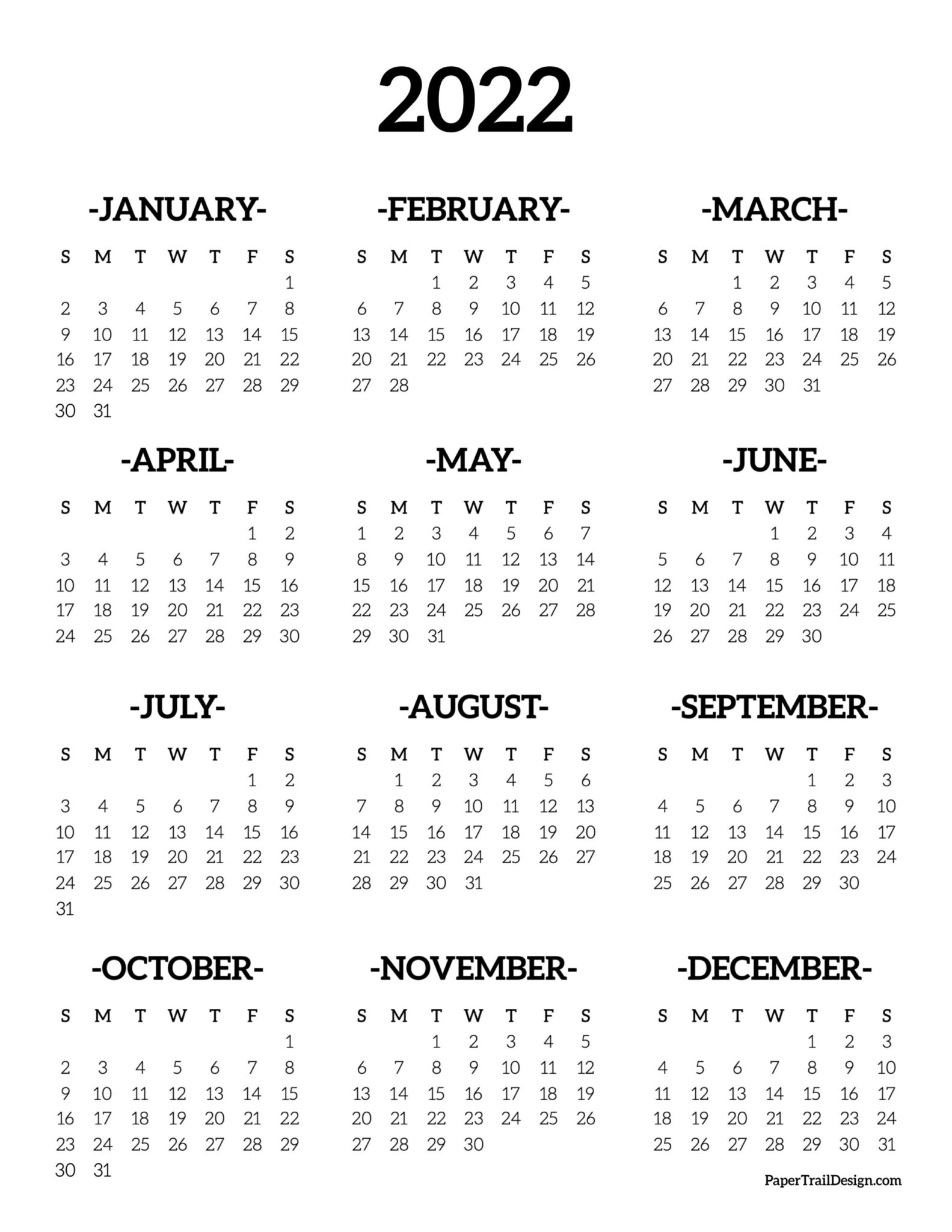 Calendar 2022 Printable One Page - Paper Trail Design