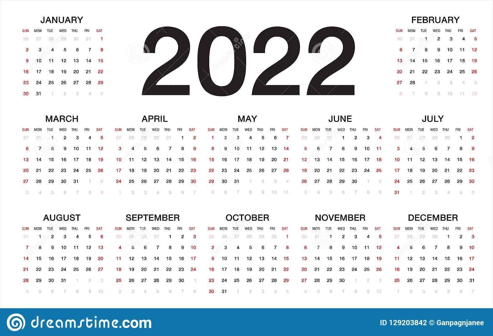 Calendar 2022, Week Starts From Sunday, Business Template
