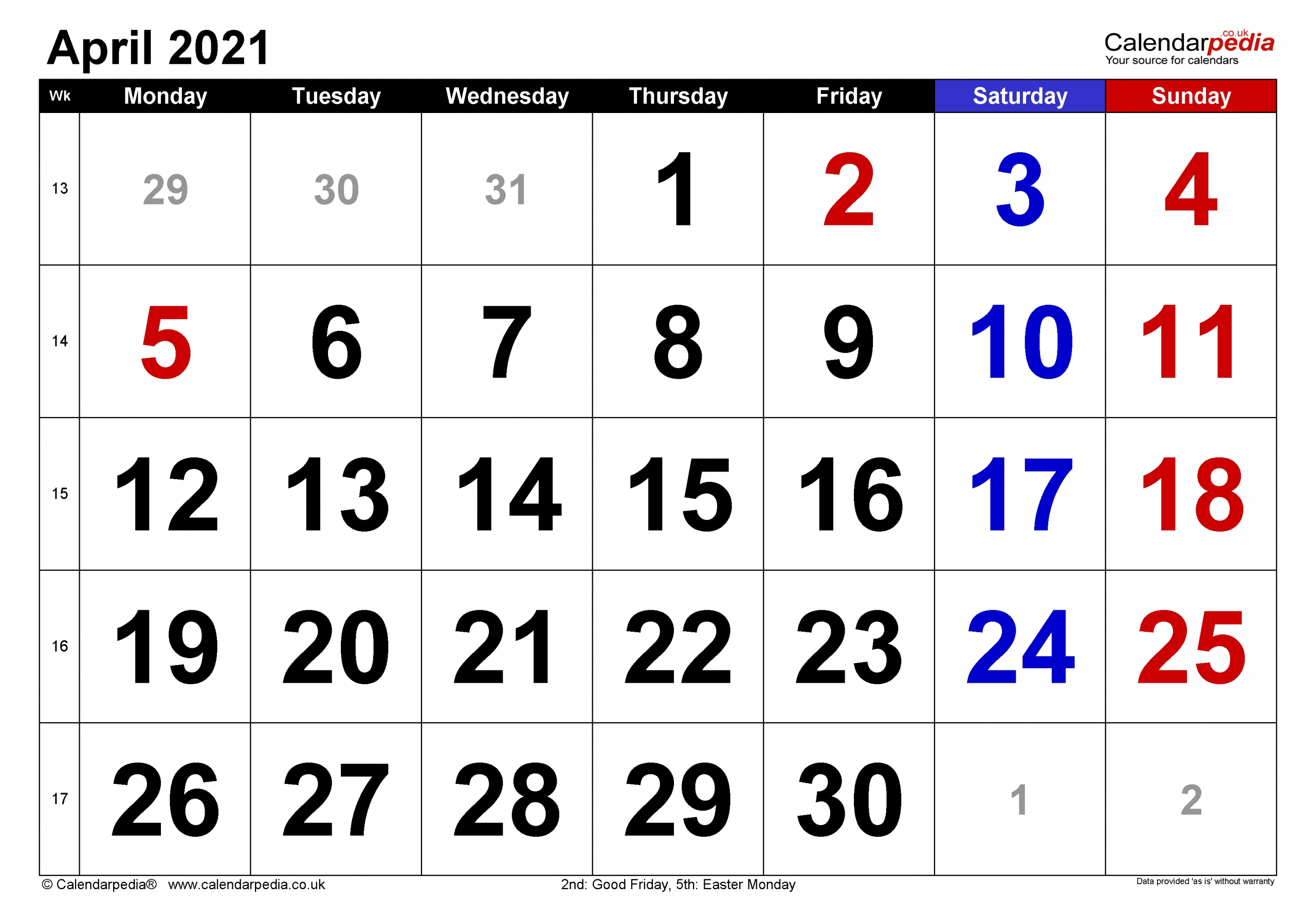 Calendar April 2021 Uk With Excel, Word And Pdf Templates