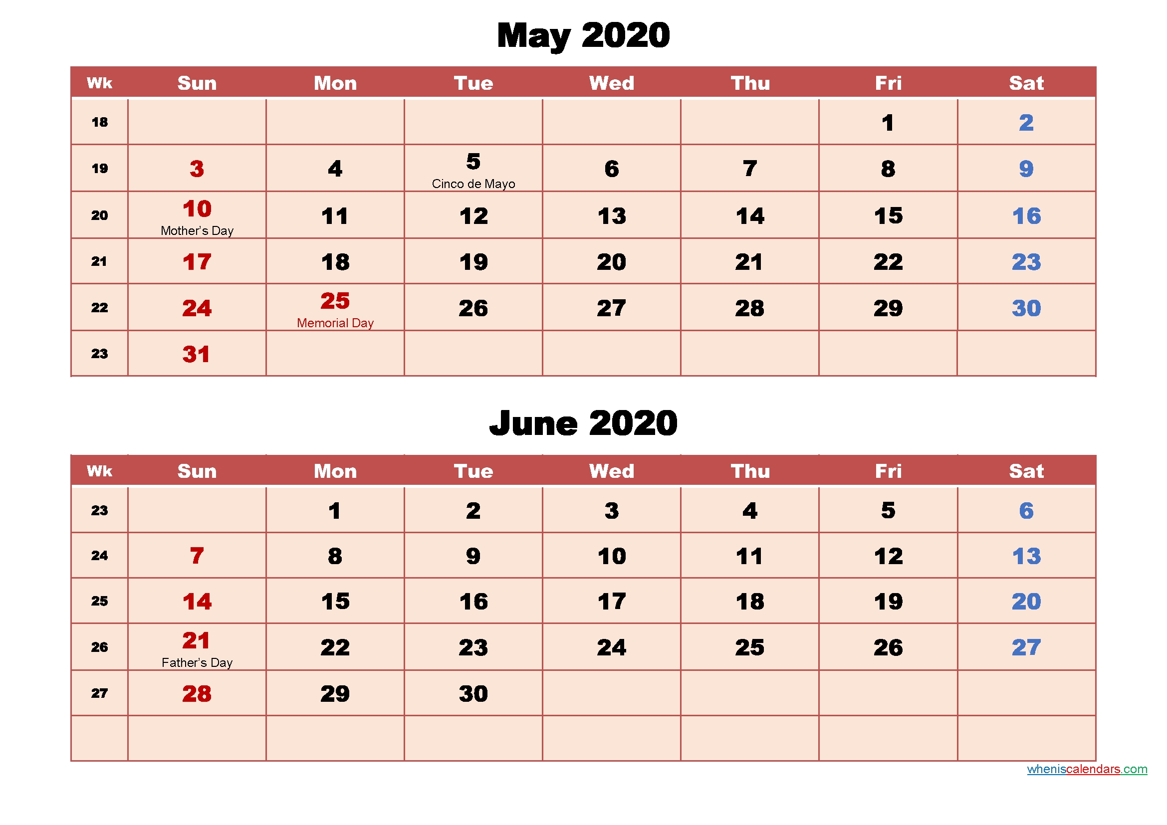 Calendar For May And June 2020 Word, Pdf