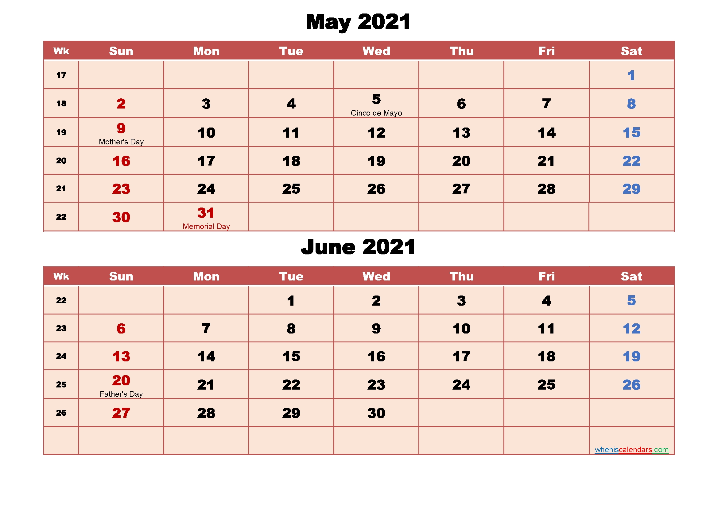 Calendar For May And June 2021 Word, Pdf | Free Printable