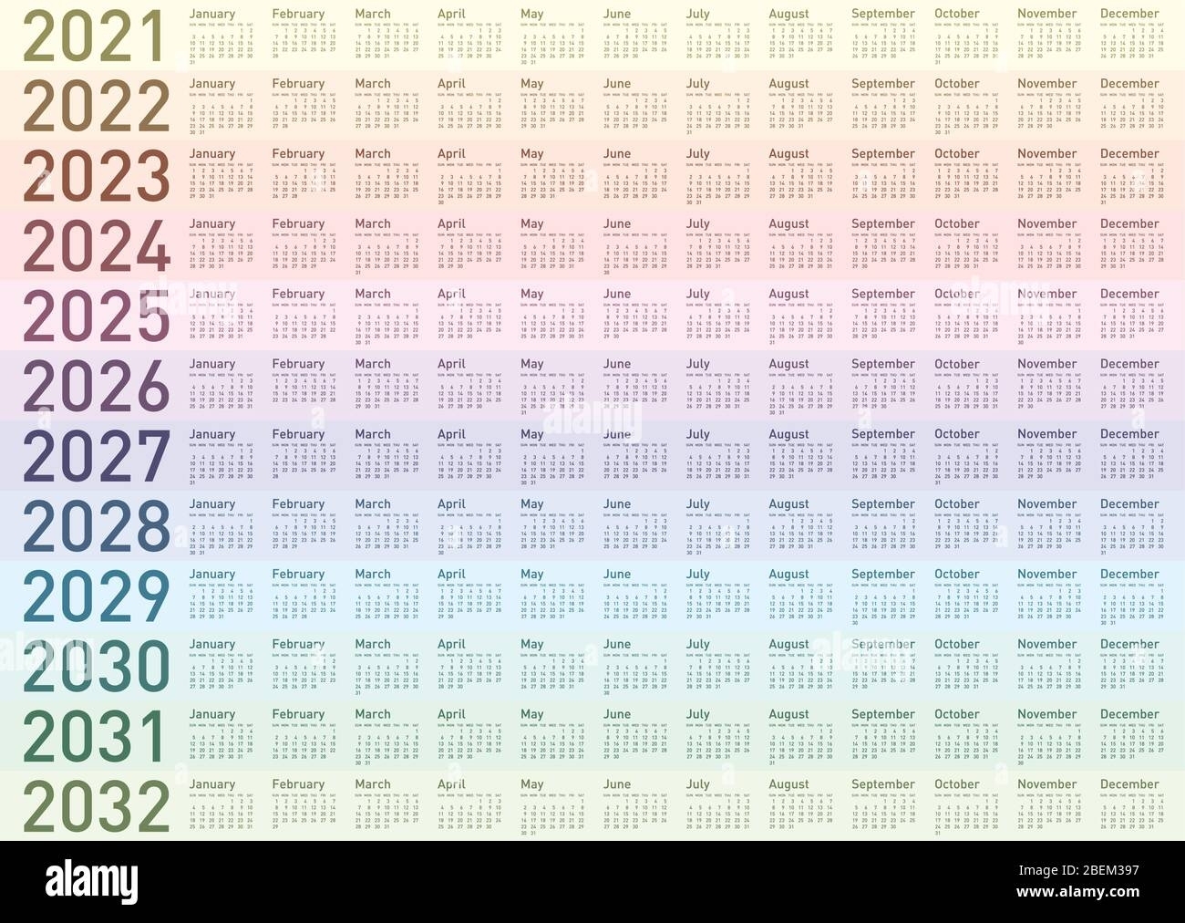 Calendar For Years 2021, 2022, 2023, 2024, 2025, 2026