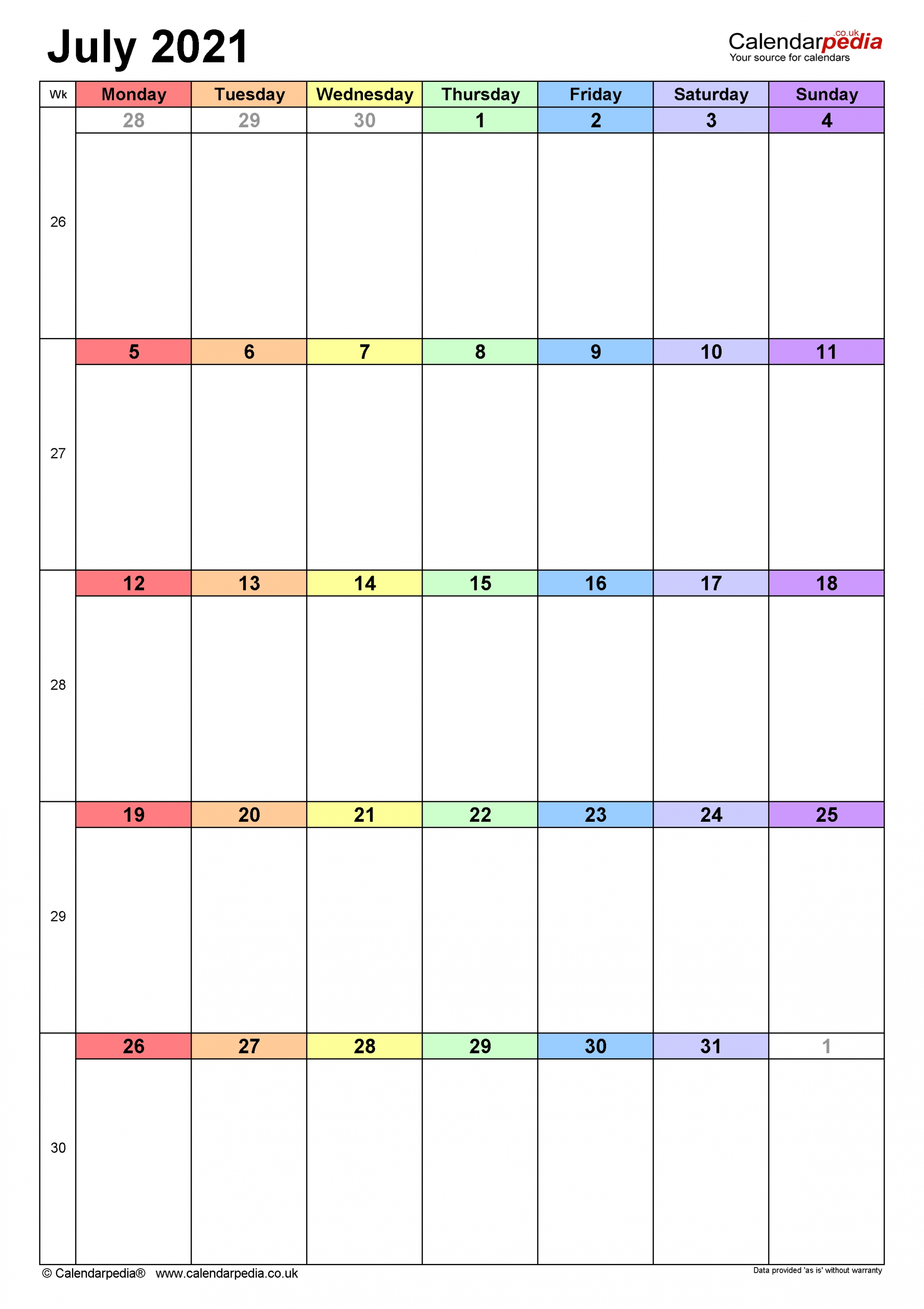 Calendar July 2021 Uk With Excel, Word And Pdf Templates