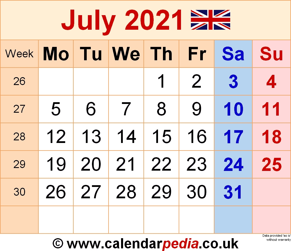 Calendar July 2021 Uk With Excel, Word And Pdf Templates