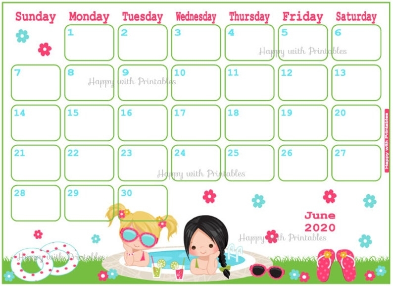 Calendar June 2020 Cute Summer Planner Printable Girly | Etsy