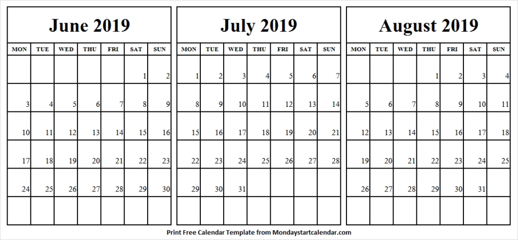 Calendar June July August 2019 Monday Start | 3 Month Calendar