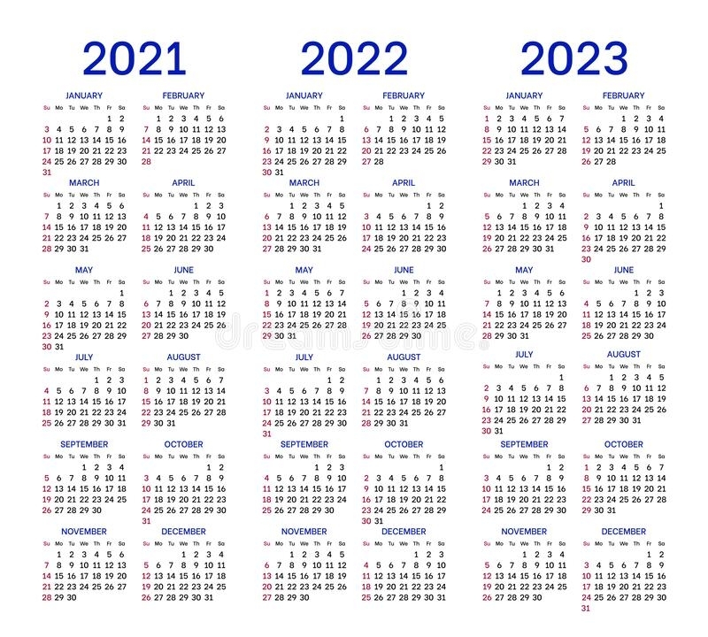 Calendar Layouts For 2021, 2022, 2023 Years Stock Vector