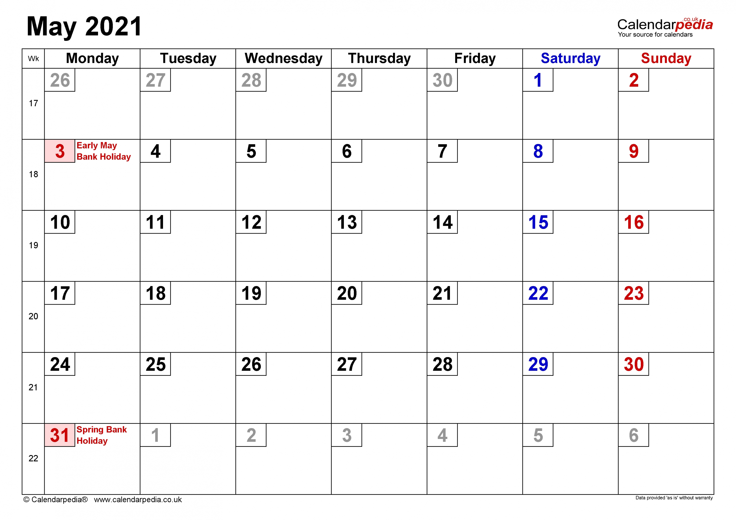 Calendar May 2021 Uk With Excel, Word And Pdf Templates
