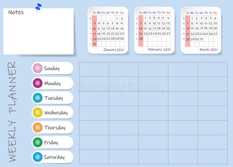 Calendar Of First Quarter Of 2021 Year With Weekly Planner