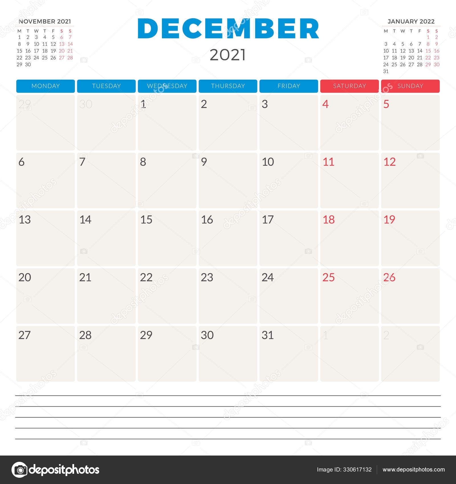 Calendar Planner For December 2021. Week Starts On Monday