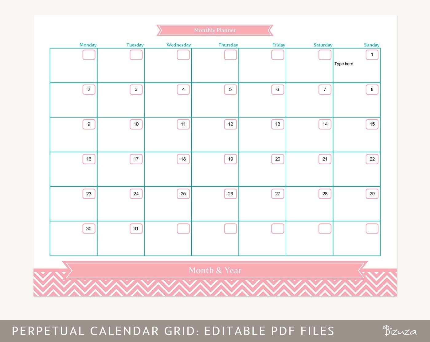Calendar Planner Grid Month At A Glance Printable Editable