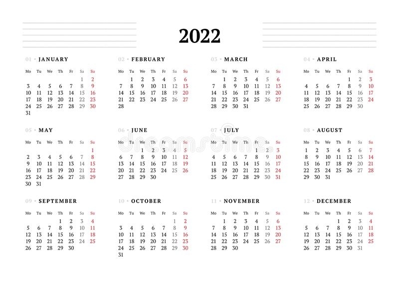 Calendar Template For 2022 Year. Stationery Design. Week