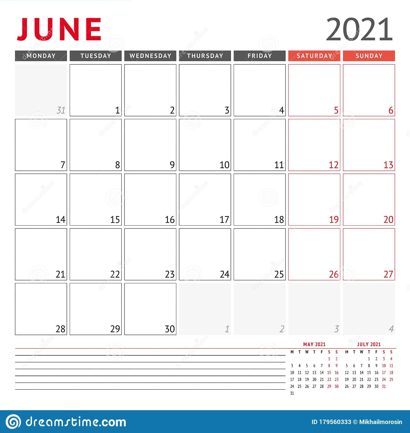 Calendar Template For June 2021. Business Monthly Planner