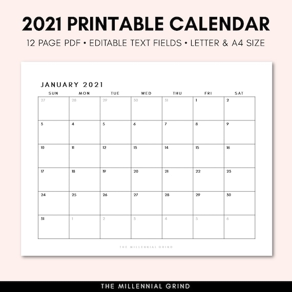 Calender 12 Month Free Printable 2021 Calendar With