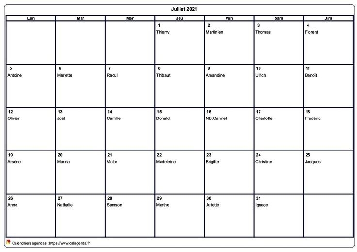 Calendrier Juillet 2021 À Imprimer Vierge, Avec Les Fêtes