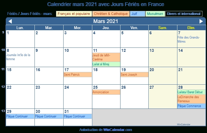 Calendrier Mars 2021 Avec Jours Fériés | Calendrier Avent