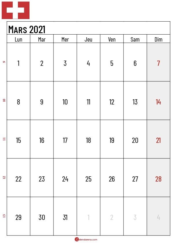 Calendrier Mars 2021 Suisse3 | Calendrier Janvier