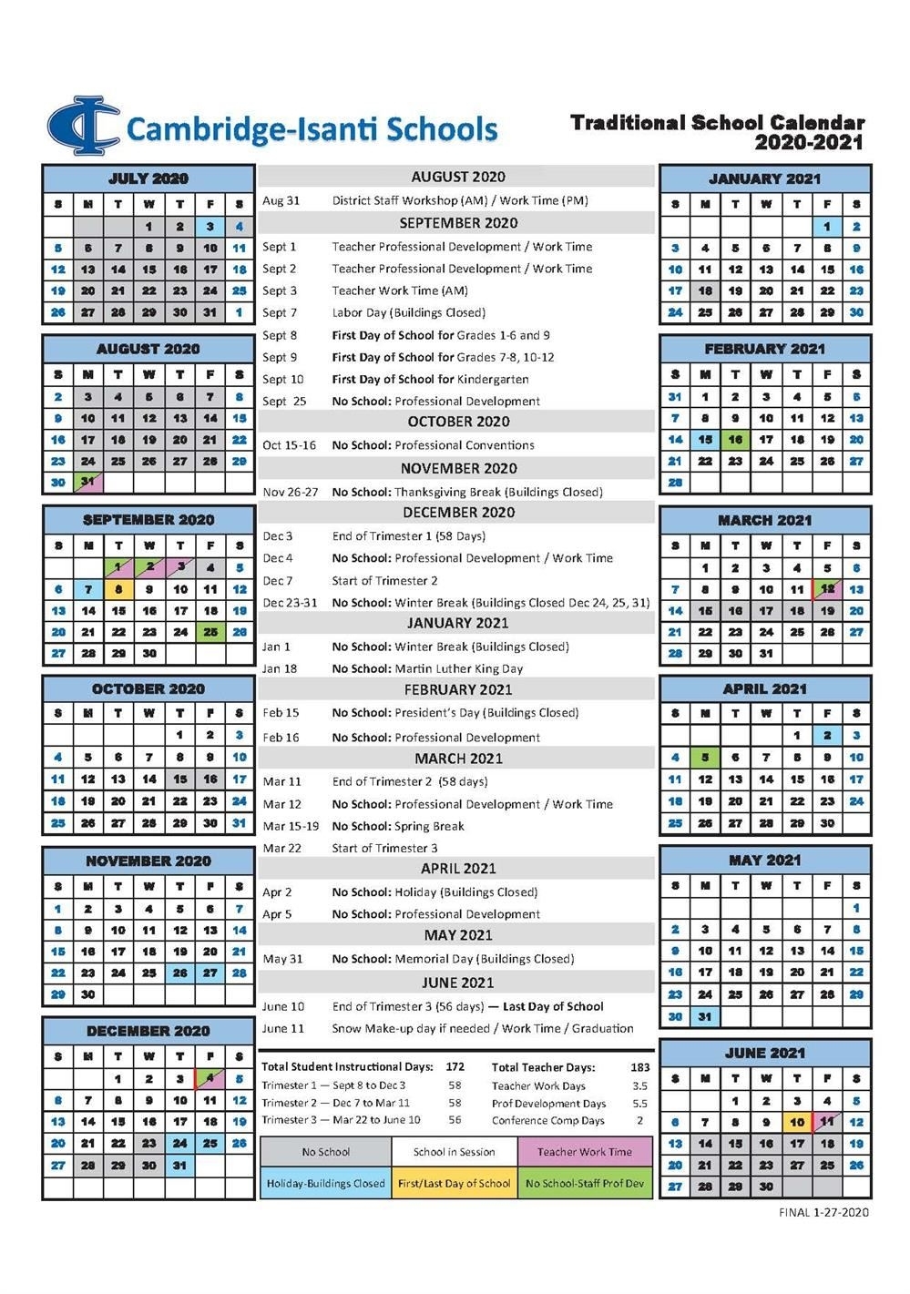 Cambridge-Isanti Schools Calendar 2021 And 2022