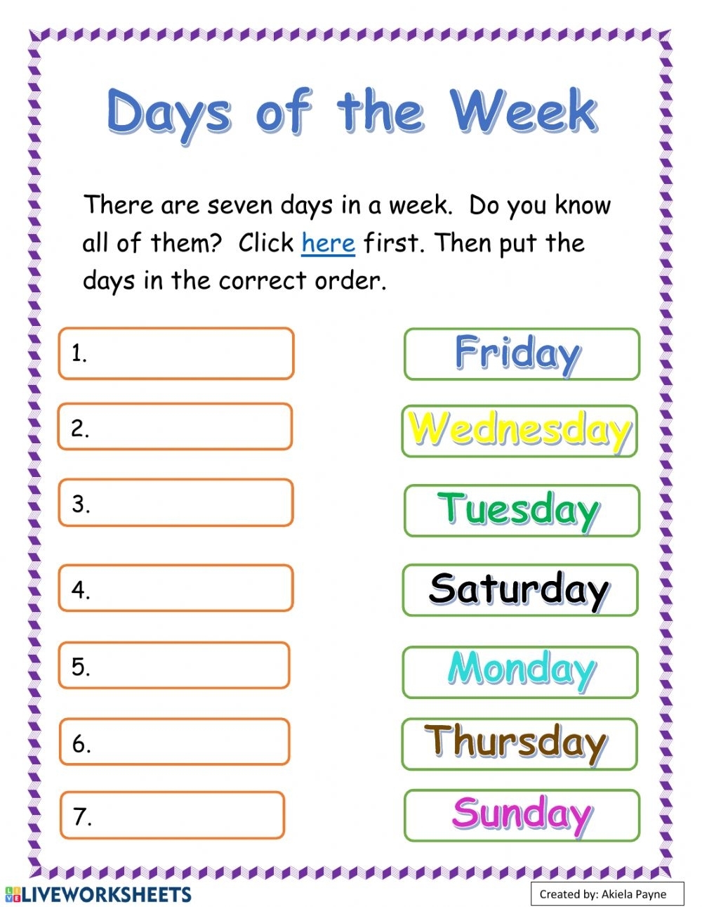 Days Of The Week Interactive Worksheet For Pre-K To K