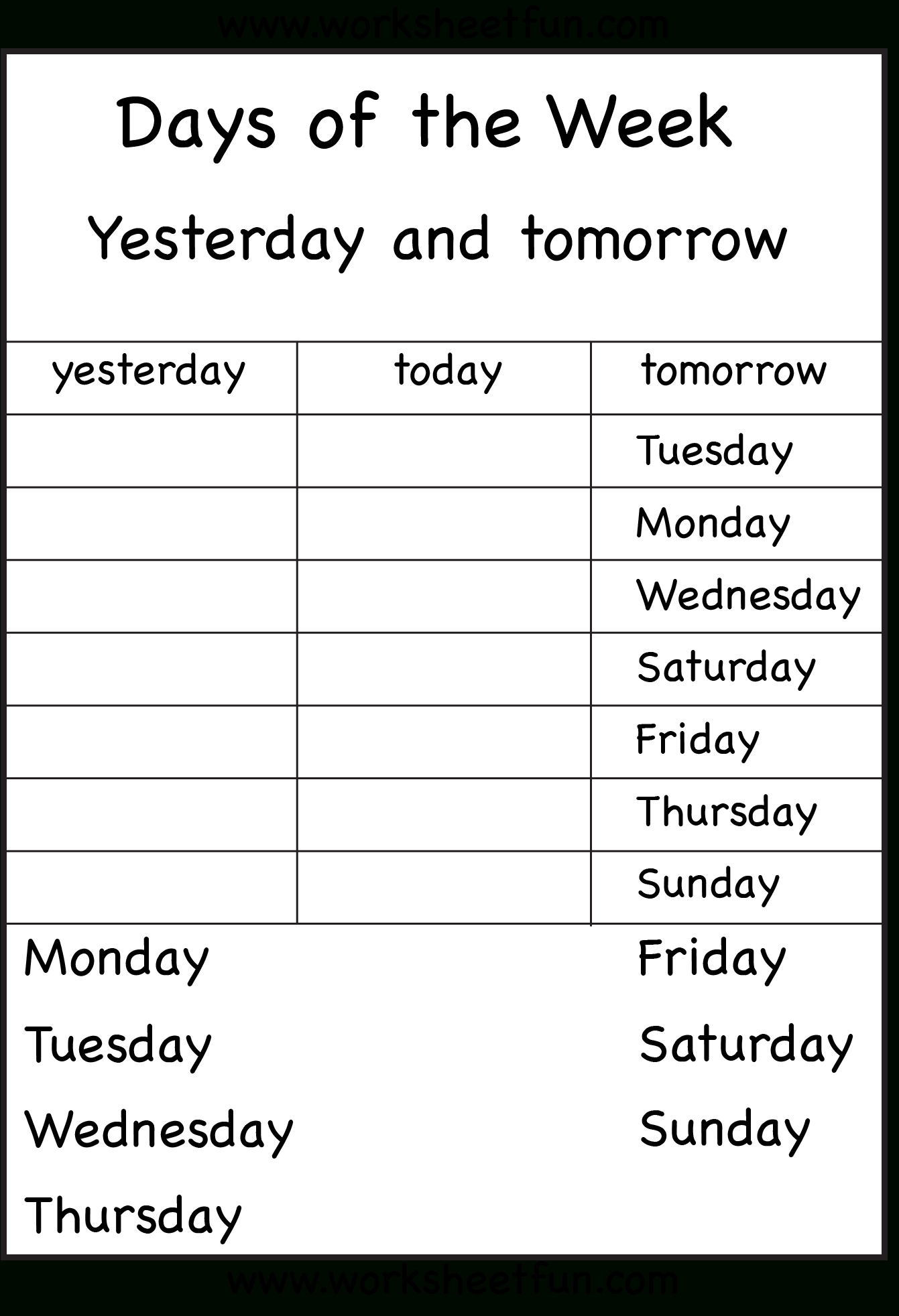 Days Of The Week - Yesterday And Tomorrow - 6 Worksheets