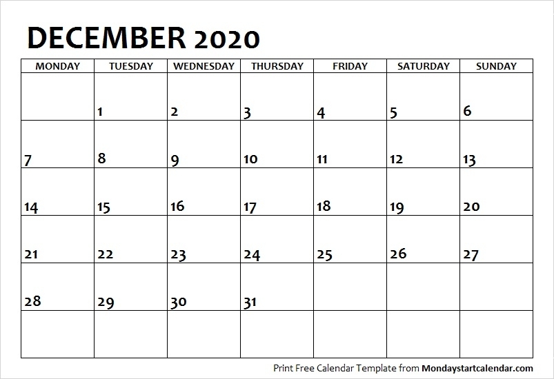 December 2020 Calendar Monday Start Archives - Monday