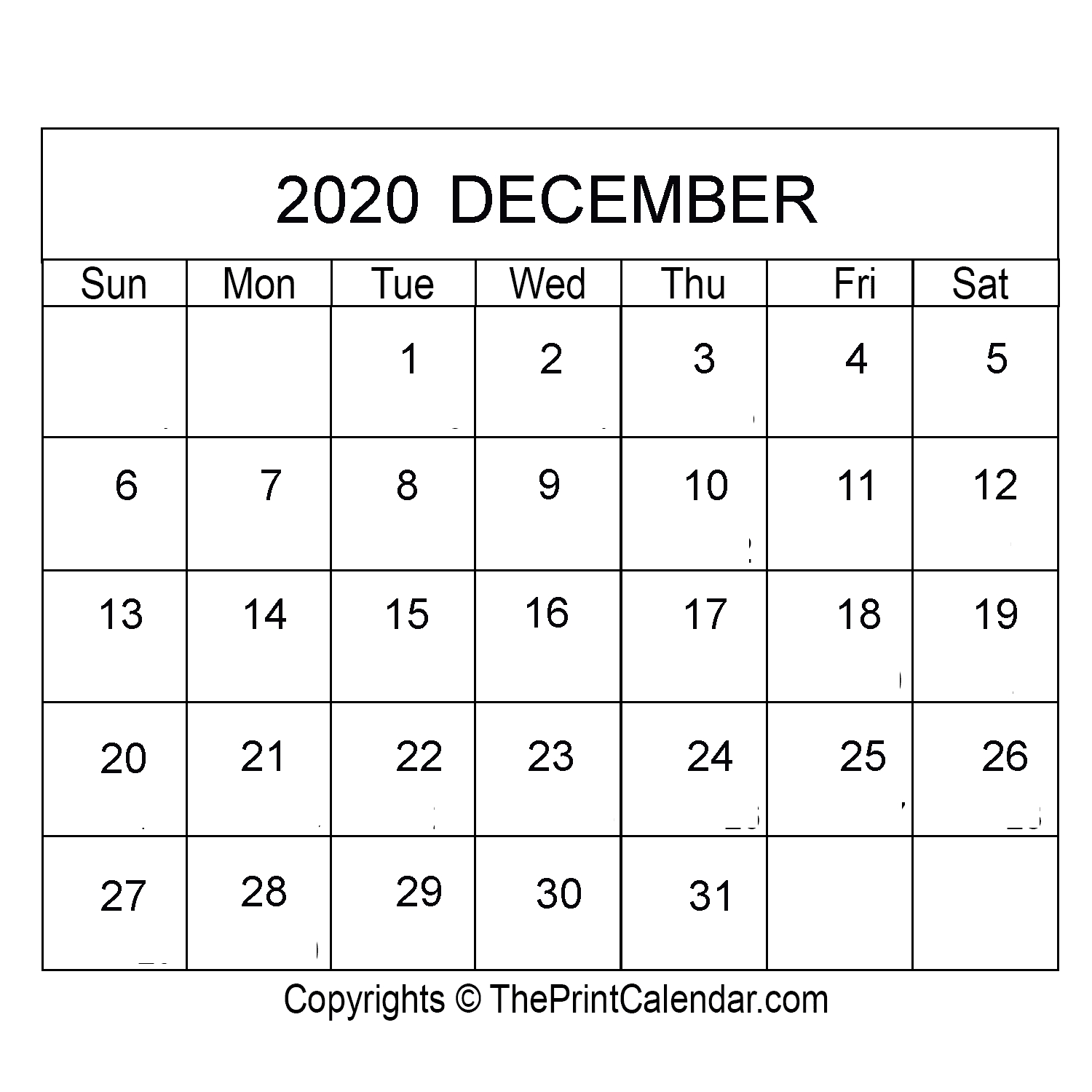 December 2020 Printable Calendar Template [Pdf, Word &amp; Excel]