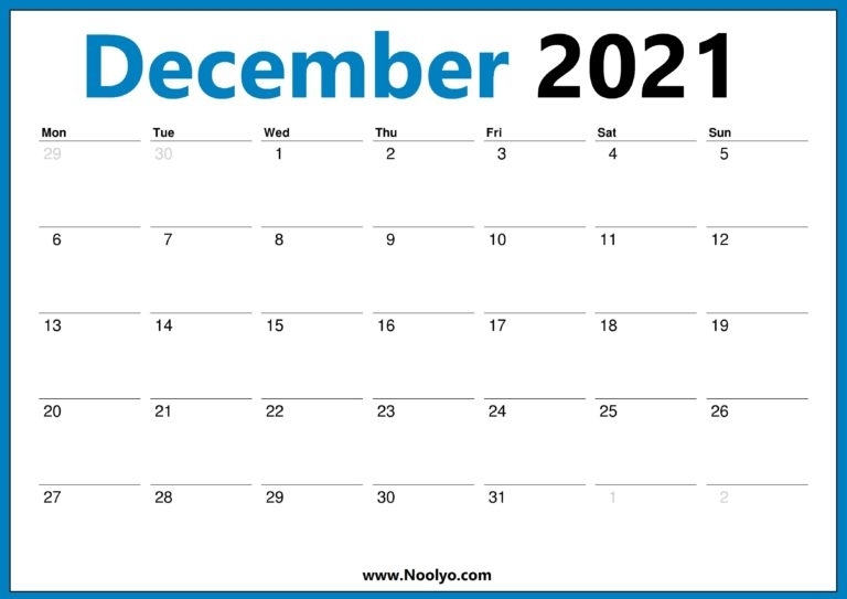December 2021 Calendar Printable Monday Start - Noolyo