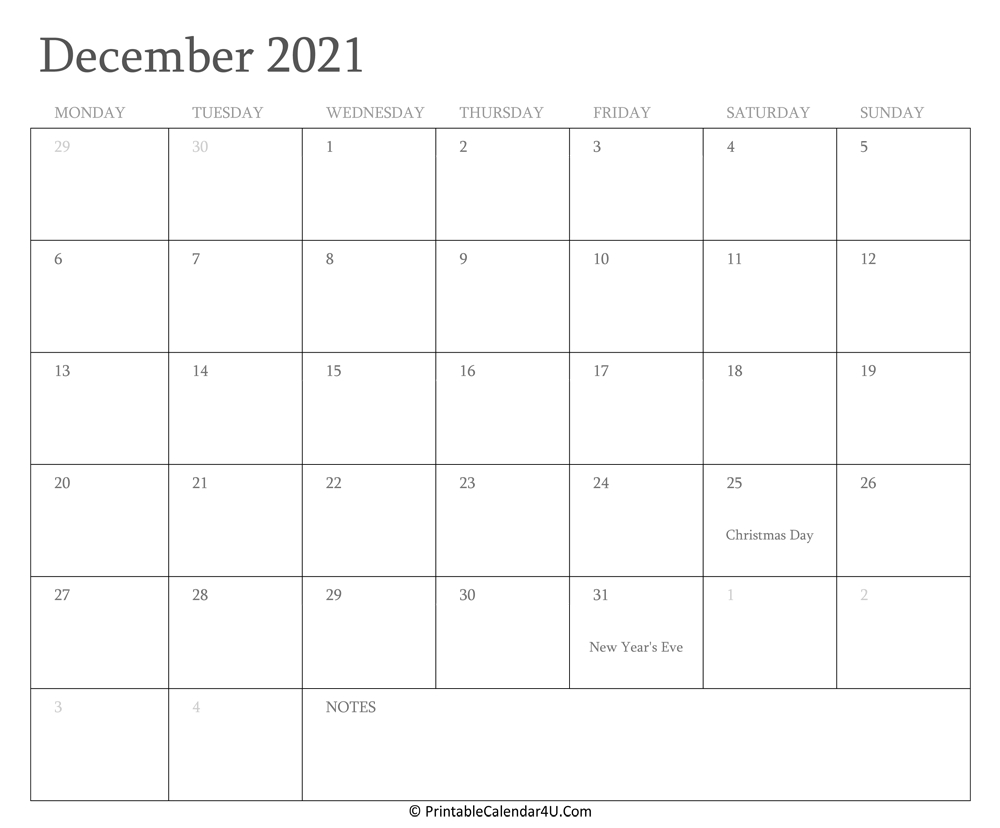 December 2021 Calendar Printable With Holidays