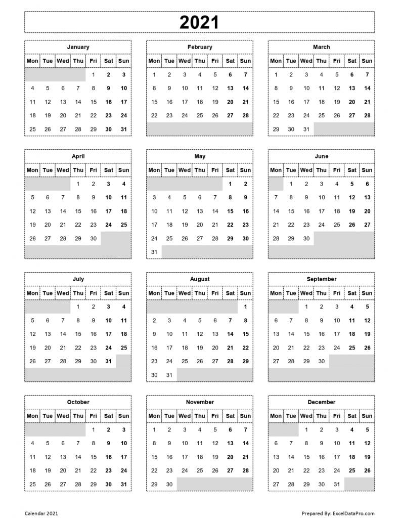 Download 2021 Yearly Calendar (Mon Start) Excel Template