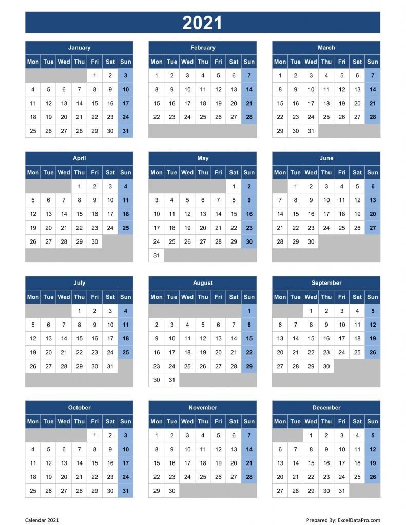 Download 2021 Yearly Calendar (Mon Start) Excel Template