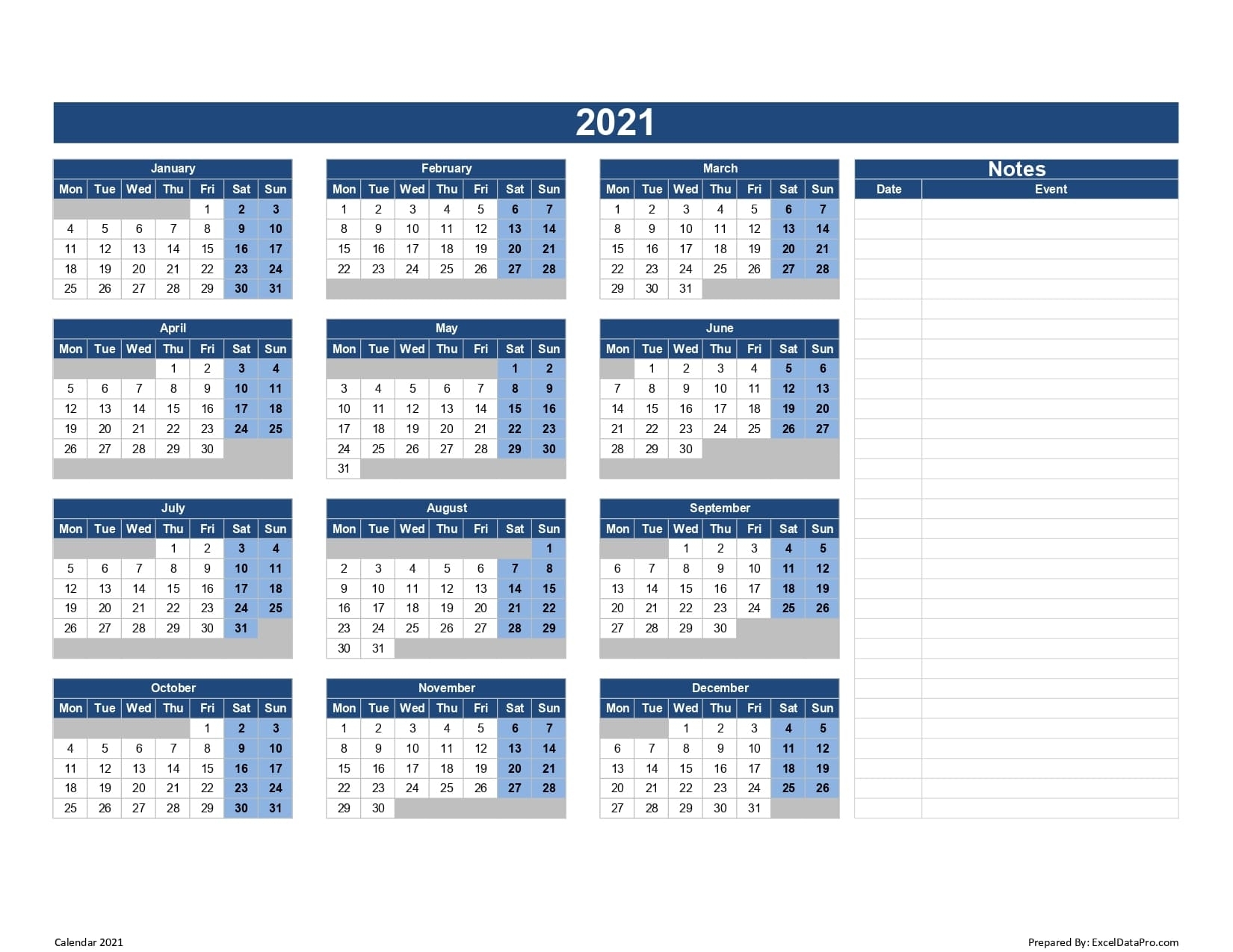 Download 2021 Yearly Calendar (Mon Start) Excel Template