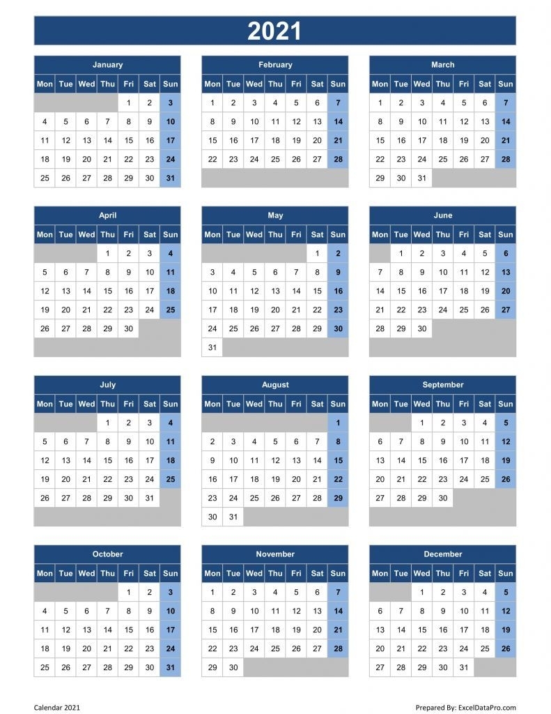 Download 2021 Yearly Calendar Mon Start Excel Template