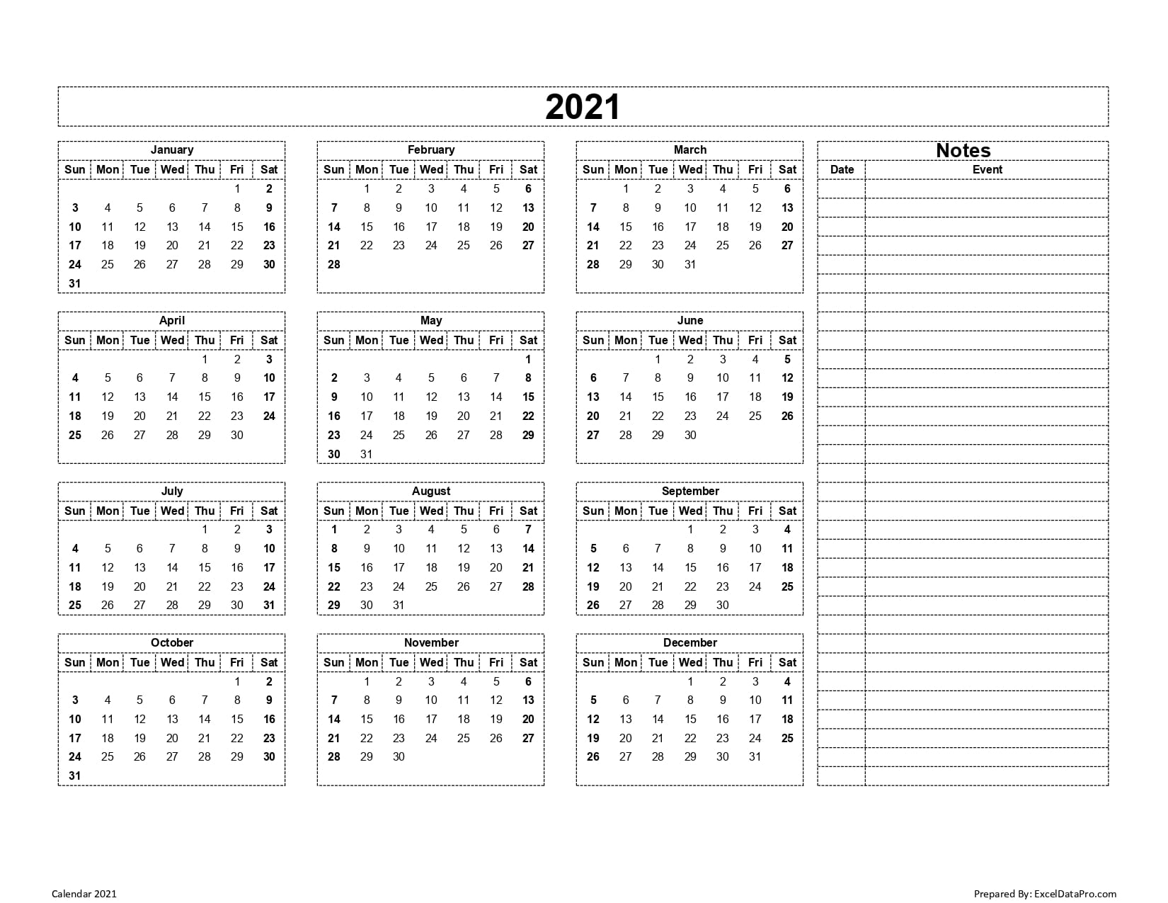 Download 2021 Yearly Calendar (Sun Start) Excel Template