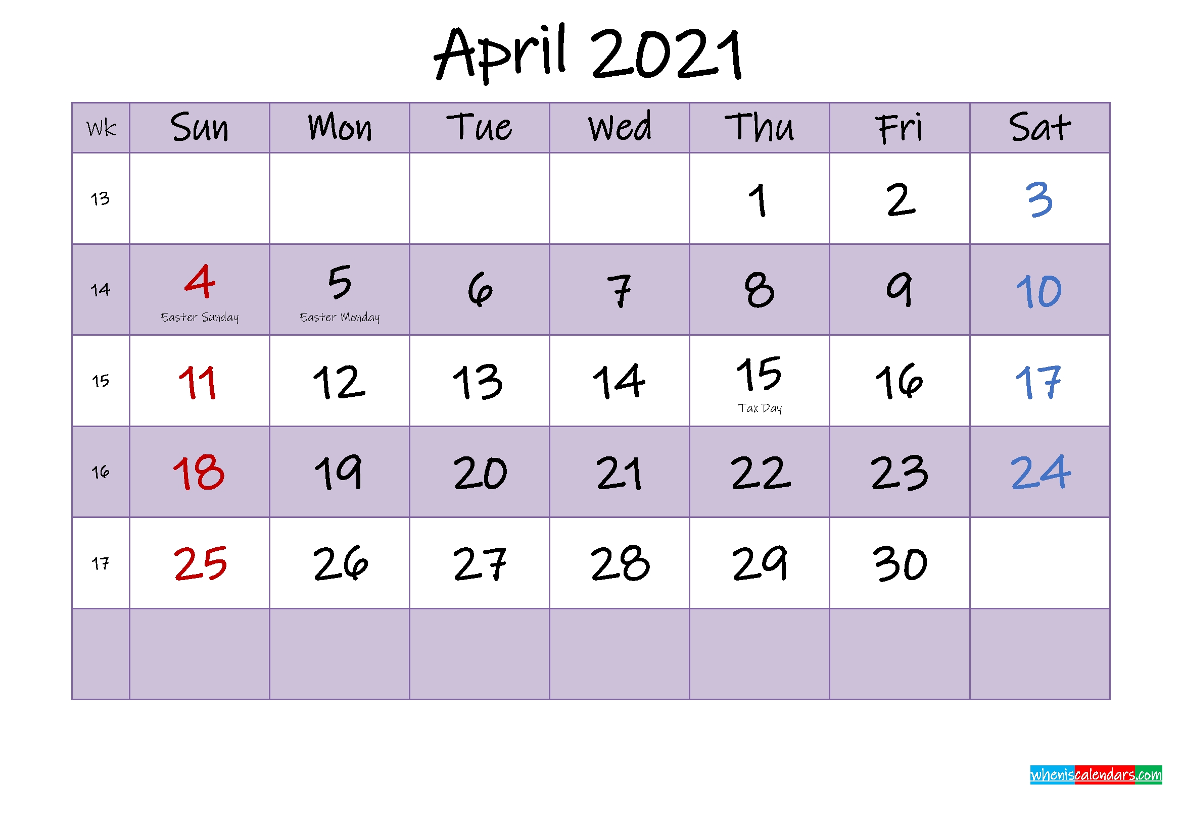 Editable April 2021 Calendar - Template No.ink21M460