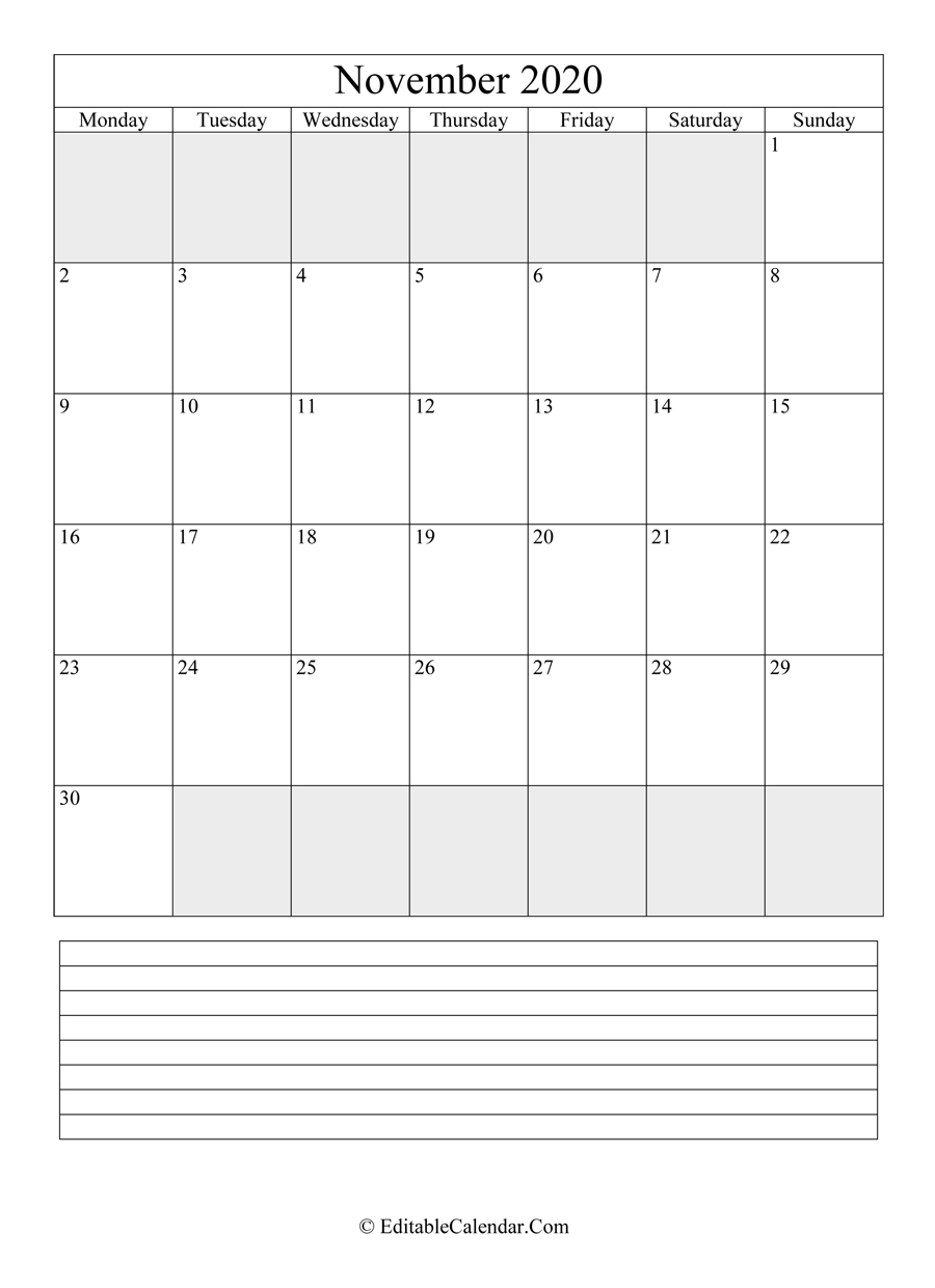 Editable Calendar November 2020