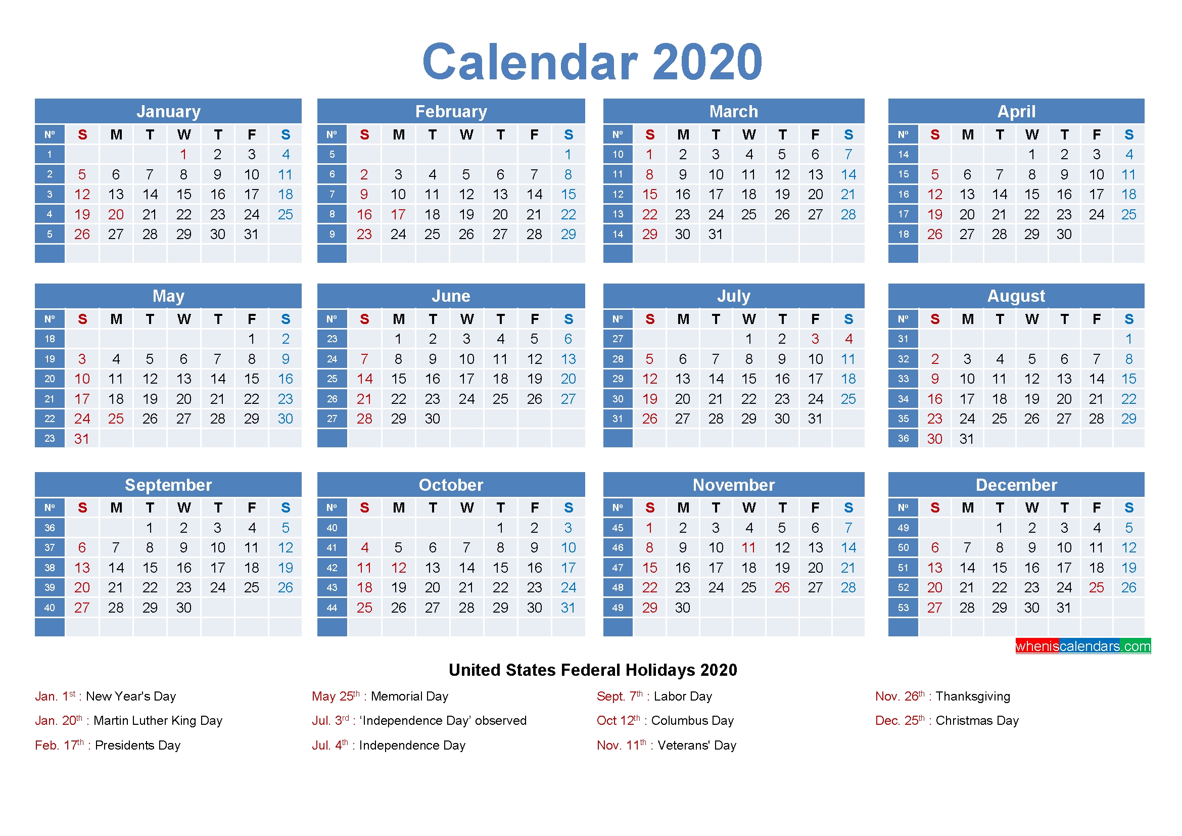 Editable Printable Calendar 2020 Word - Template No.ep20Y8