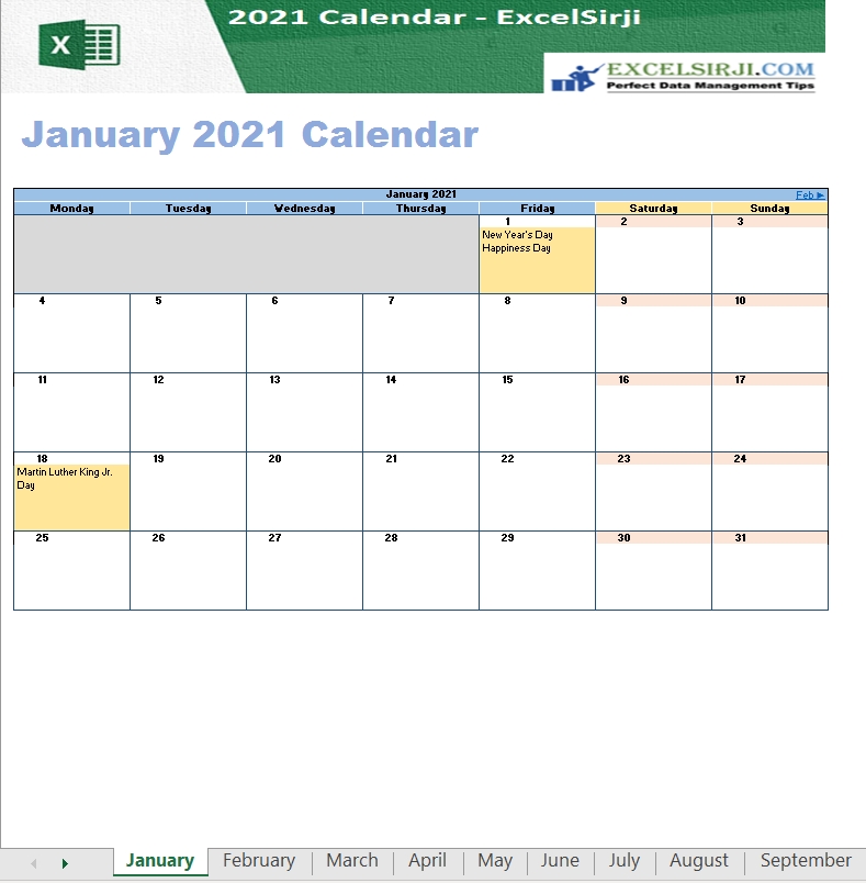 Excelsirji | Excel Utilities/Templates | 2021 Excel Calendar