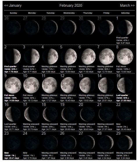 February 2020 Moon Phases Calendar | Moon Phase Calendar