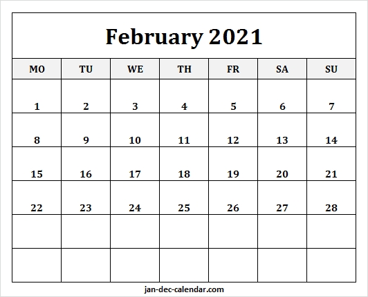 February 2021 Calendar Monday Start | Free Blank 2021 Template