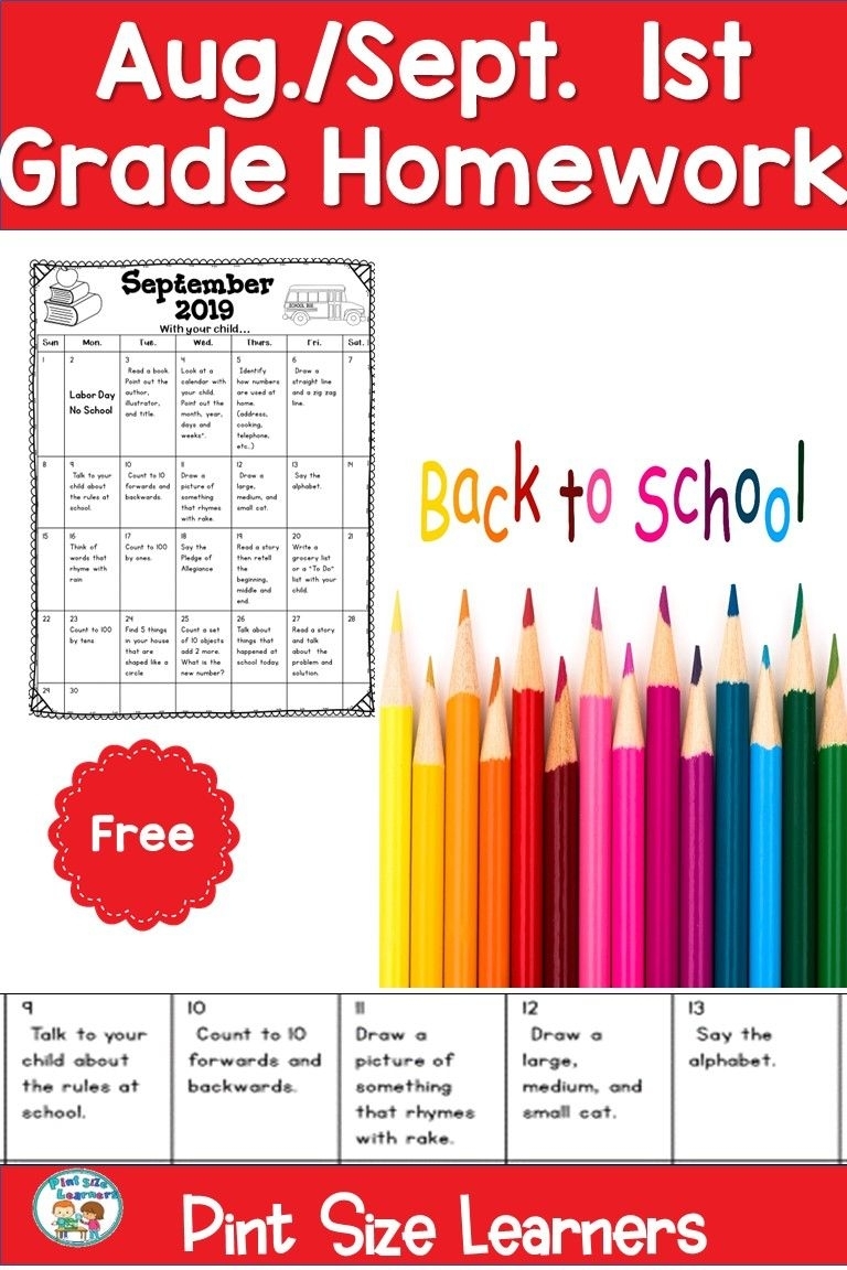 First Grade Homework Calendar August And September 2019