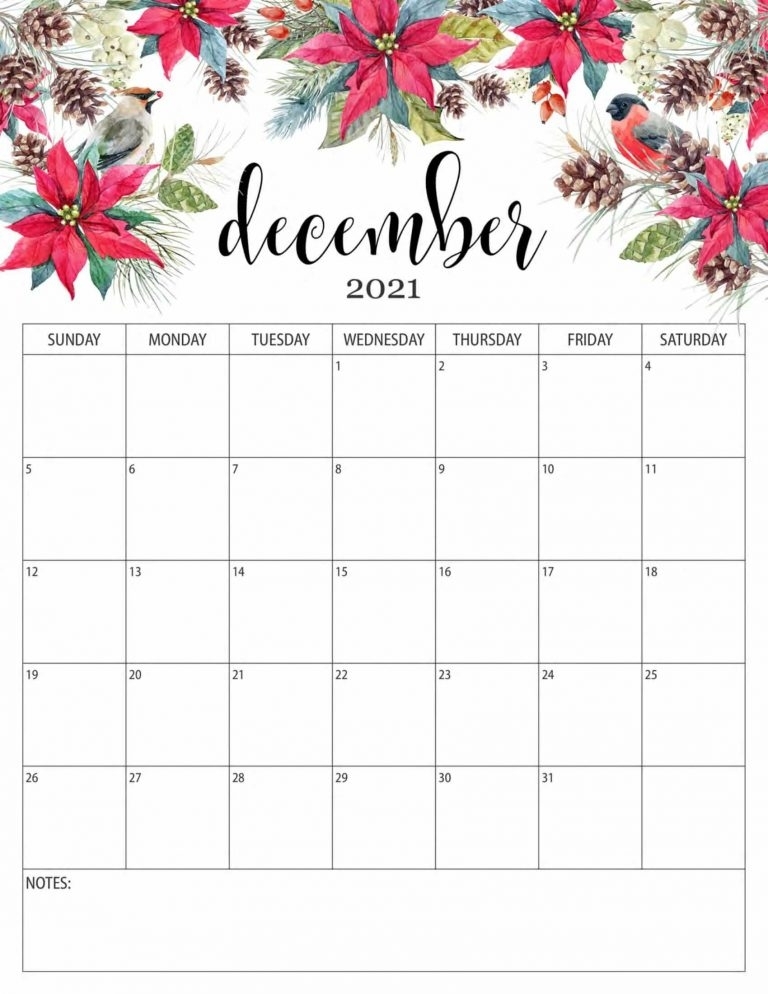 Floral December 2021 Calendar Templates - Printable 2021