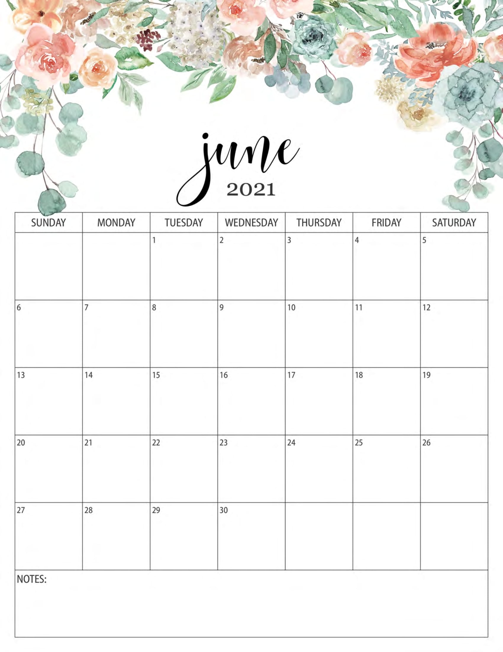 Floral June 2021 Calendar Templates - Printable 2020