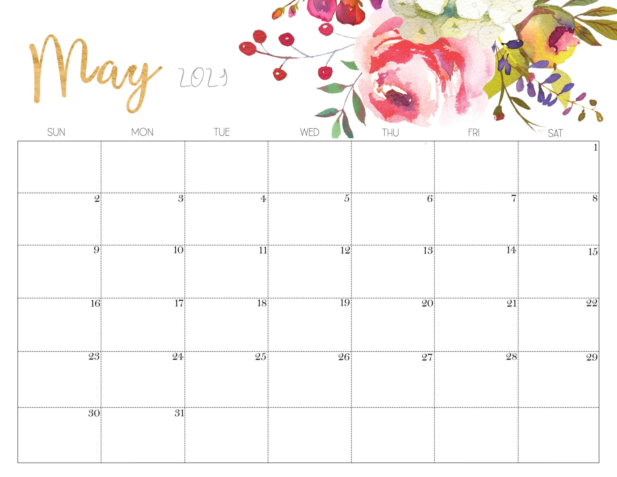 Floral May 2021 Calendar Printable - Time Management Tools