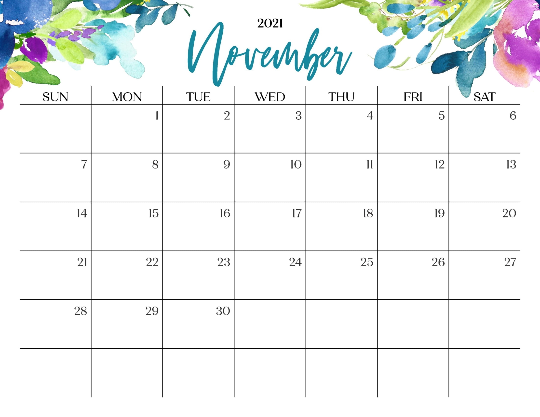 Floral November 2021 Calendar Templates - Printable 2021
