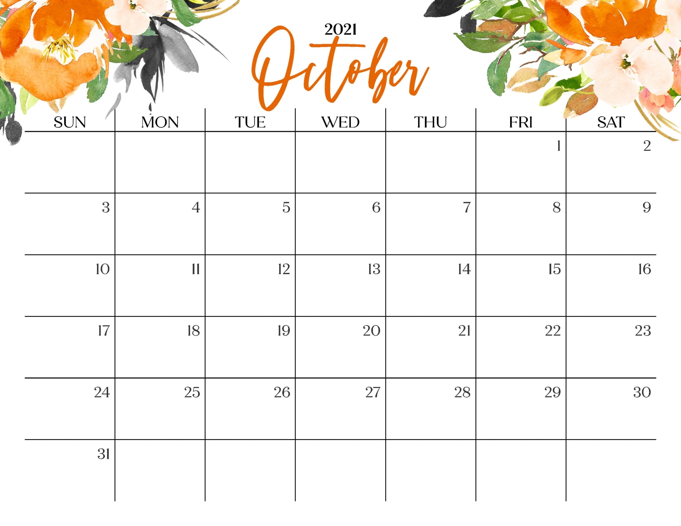 Floral October 2021 Calendar Templates - Printable 2021